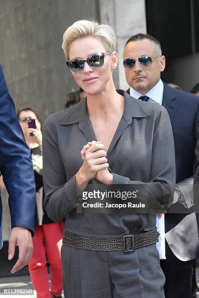 Princess Charlene of Monaco is seen leaving the Giorgio Armani show during Milan Fashion Week Spring/Summer 2018 on September 22, 2017 in Milan,...