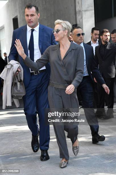 Princess Charlene of Monaco is seen leaving the Giorgio Armani show during Milan Fashion Week Spring/Summer 2018 on September 22, 2017 in Milan,...