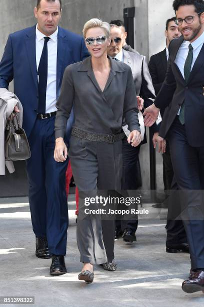 Princess Charlene of Monaco is seen leaving the Giorgio Armani show during Milan Fashion Week Spring/Summer 2018 on September 22, 2017 in Milan,...