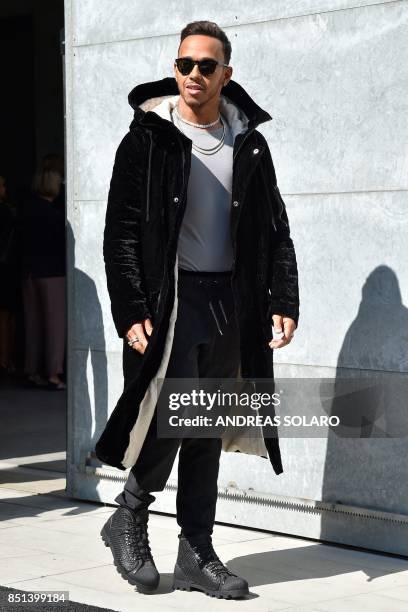 Formula 1 driver Lewis Hamilton arrives at the show Giorgio Armani during the Women's Spring/Summer 2018 fashion shows in Milan, on September 22,...