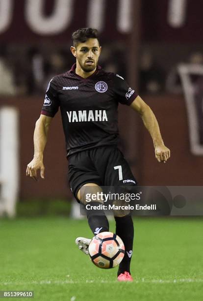Lautaro Acosta of Lanus kicks the ball during the second leg match between Lanus and San Lorenzo as part of the quarter finals of Copa Conmebol...
