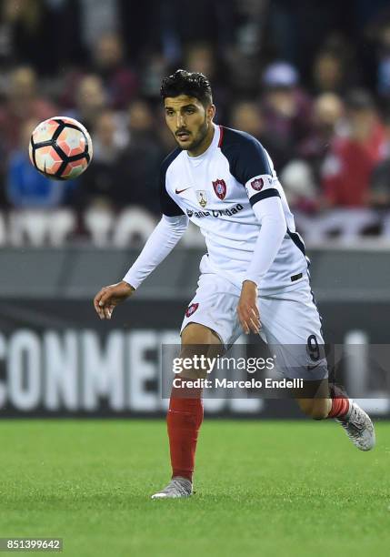 Nicolas Blandi of San Lorenzo looks at the ball during the second leg match between Lanus and San Lorenzo as part of the quarter finals of Copa...