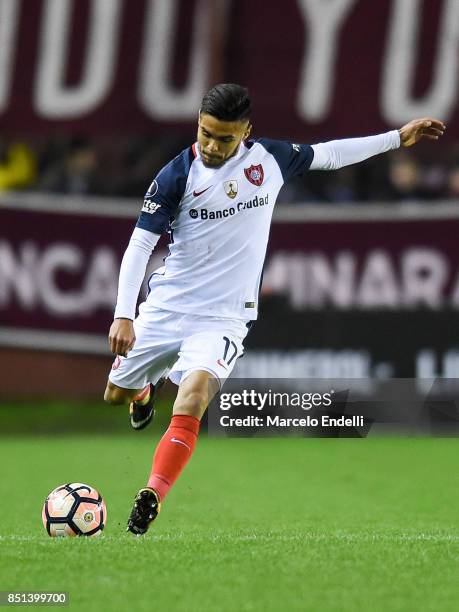 Paulo Diaz of San Lorenzo kicks the ball during the second leg match between Lanus and San Lorenzo as part of the quarter finals of Copa Conmebol...