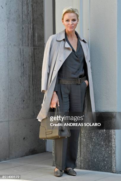 Princess Charlene of Monaco arrives at the show Giorgio Armani during the Women's Spring/Summer 2018 fashion shows in Milan, on September 22, 2017.