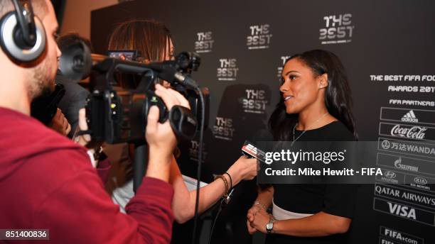 Legend Alex Scott is interviewed during The Best FIFA Football Awards 2017 press conference at The Bloomsbury Ballroom on September 22, 2017 in...