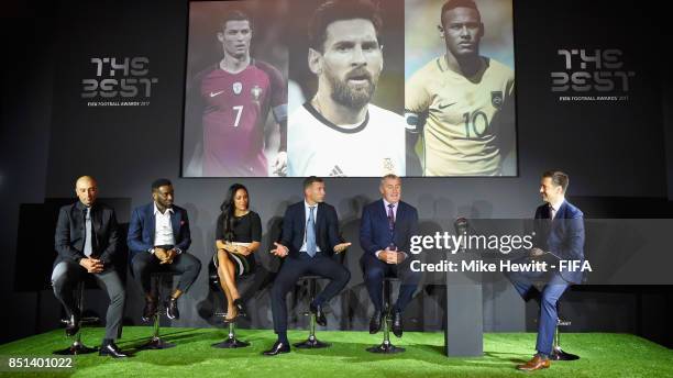 Legends Roberto Di Matteo, Jay Jay Okocha, Alex Scott, Andriy Shevchenko and Peter Shilton attend The Best FIFA Football Awards 2017 press conference...