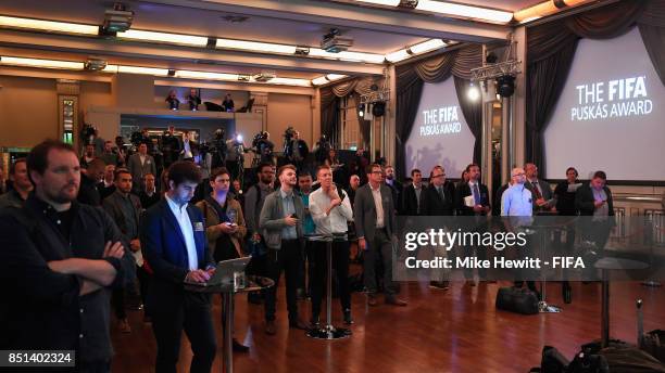 Journalists listen to The Best FIFA Football Awards 2017 press conference at The Bloomsbury Ballroom on September 22, 2017 in London, England.