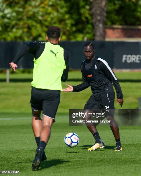 Henri Saivet passes the ball during the Newcastle United Training session at the Newcastle United Training Centre on September 22 in Newcastle upon...