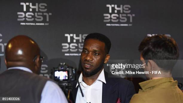 Legend Jay Jay Okocha is interviewed during The Best FIFA Football Awards 2017 press conference at The Bloomsbury Ballroom on September 22, 2017 in...