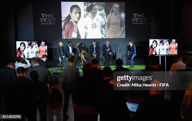 Legends Roberto Di Matteo, Jay Jay Okocha, Alex Scott, Andriy Shevchenko and Peter Shilton attend The Best FIFA Football Awards 2017 press conference...