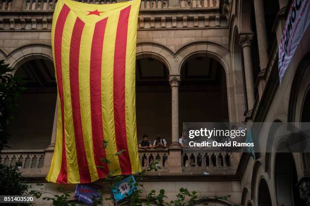 Catalan pro-independence flag, 'Estelada', hangs inside the rectory of the University of Barcelona during a protest on September 22, 2017 in...