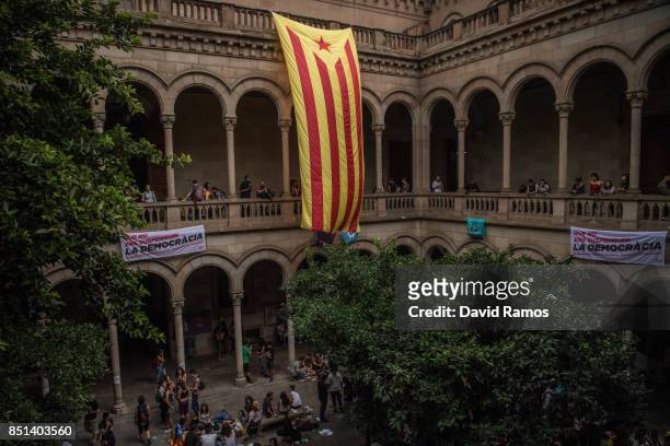 Catalan pro-independence flag, 'Estelada', hangs inside the rectory of the University of Barcelona during a protest on September 22, 2017 in...