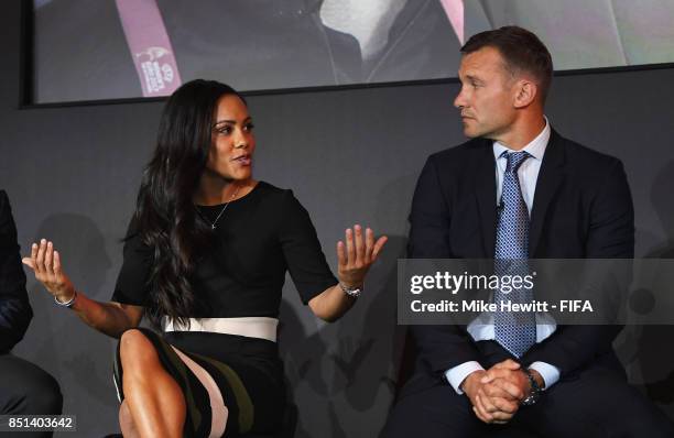 Legend Alex Scott and Andriy Shevchenko talk during The Best FIFA Football Awards 2017 press conference at The Bloomsbury Ballroom on September 22,...