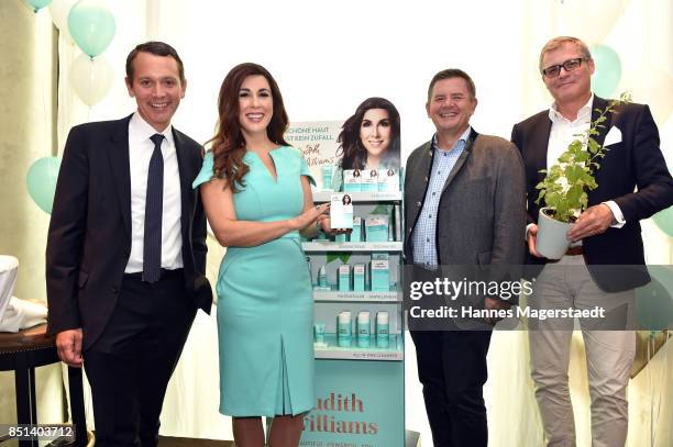 Christoph Werner, Judith Williams, Erich Harsch and Proffessor Lukas A. Huber attend the presentation of Judith Williams new cosmetics line EGF Tech...