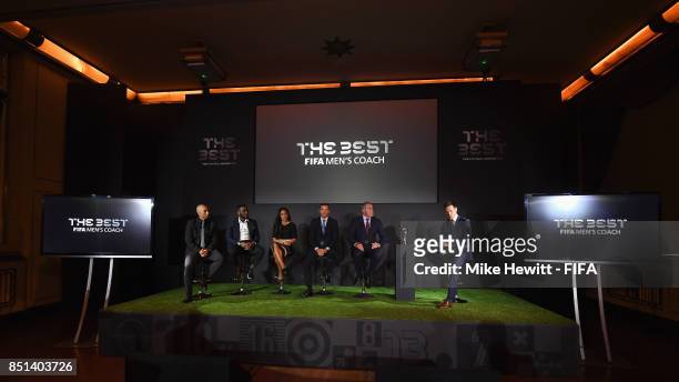 Legends Roberto Di Matteo, Jay Jay Okocha, Alex Scott, Andriy Shevchenko and Peter Shilton attend The Best FIFA Football Awards 2017 press conference...