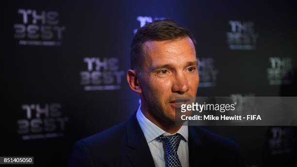 Legend Andriy Shevchenko is interviewed during The Best FIFA Football Awards 2017 press conference at The Bloomsbury Ballroom on September 22, 2017...