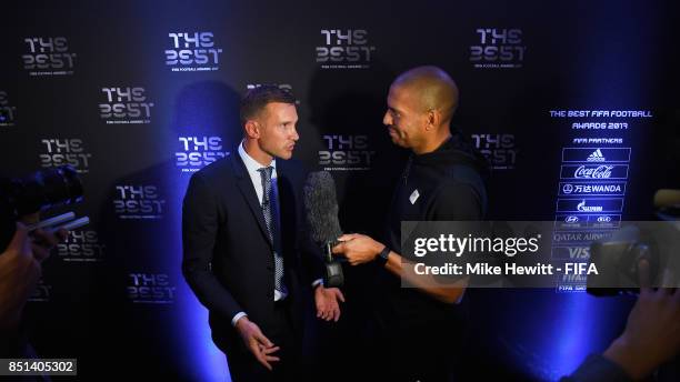 Legend Andriy Shevchenko is interviewed by Stan Collymore during The Best FIFA Football Awards 2017 press conference at The Bloomsbury Ballroom on...
