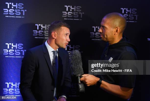 Legend Andriy Shevchenko is interviewed by Stan Collymore during The Best FIFA Football Awards 2017 press conference at The Bloomsbury Ballroom on...