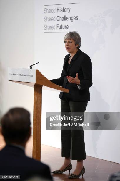 British Prime Minister Theresa May gives her landmark Brexit speech in Complesso Santa Maria Novella on September 22, 2017 in Florence, Italy. She...