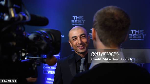 Legend Roberto Di Matteo is interviewed during the The Best FIFA Football Awards 2017 press conference at The Bloomsbury Ballroom on September 22,...