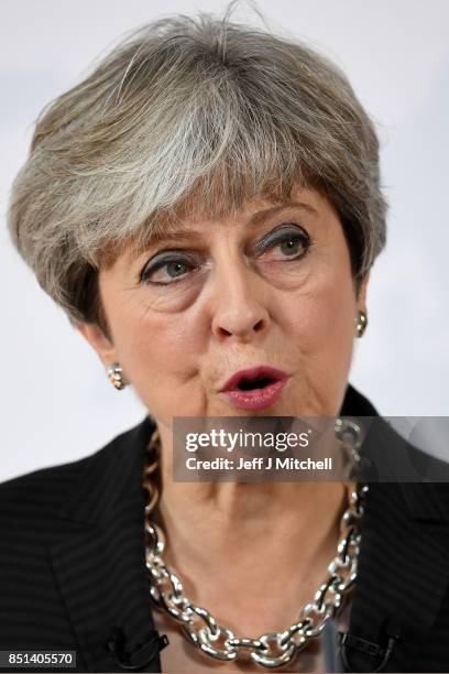 British Prime Minister Theresa May gives her landmark Brexit speech in Complesso Santa Maria Novella on September 22, 2017 in Florence, Italy. She...