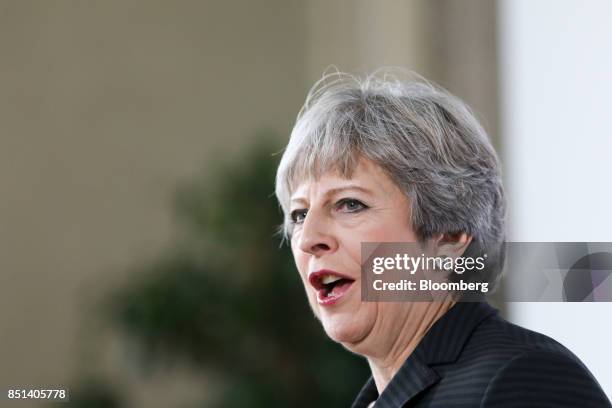 Theresa May, U.K. Prime minister, delivers a speech at Complesso Santa Maria Novella in Florence, Italy, on Friday, Sept. 22, 2017. May will on...