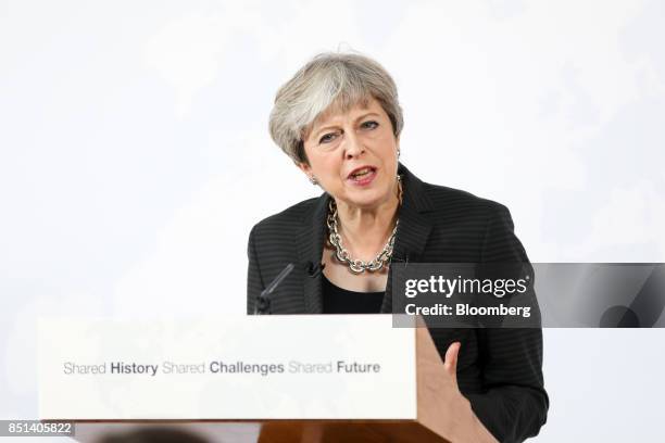 Theresa May, U.K. Prime minister, delivers a speech at Complesso Santa Maria Novella in Florence, Italy, on Friday, Sept. 22, 2017. May will on...