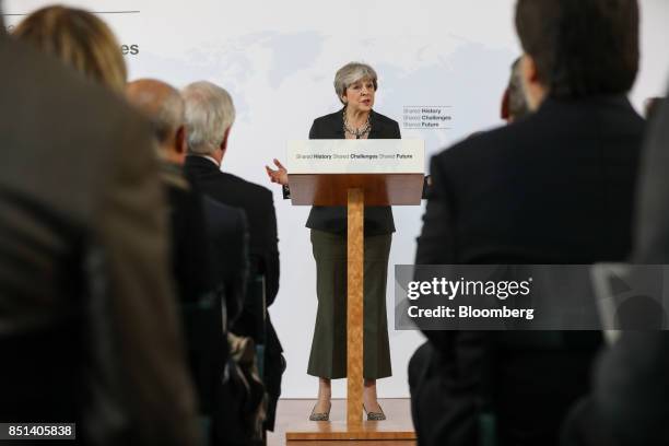 Theresa May, U.K. Prime minister, delivers a speech at Complesso Santa Maria Novella in Florence, Italy, on Friday, Sept. 22, 2017. May will on...