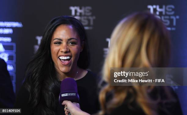 Legend Alex Scott is interviewed during The Best FIFA Football Awards 2017 press conference at The Bloomsbury Ballroom on September 22, 2017 in...