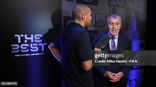 Legend Peter Shilton is interviewed by Stan Collymore during The Best FIFA Football Awards 2017 press conference at The Bloomsbury Ballroom on...