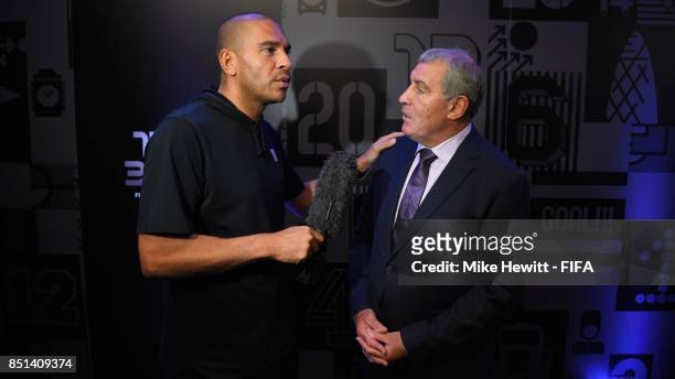 Legend Peter Shilton is interviewed by Stan Collymore during The Best FIFA Football Awards 2017 press conference at The Bloomsbury Ballroom on...