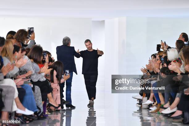 Designer Paul Surridge and Roberto Cavalli walk the runway at the Roberto Cavalli show during Milan Fashion Week Spring/Summer 2018 on September 22,...