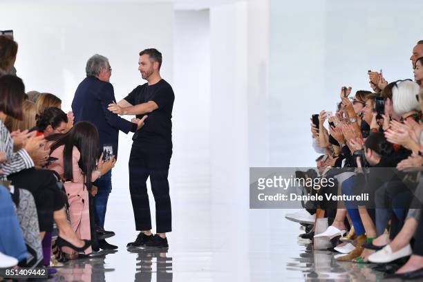 Designer Paul Surridge and Roberto Cavalli walk the runway at the Roberto Cavalli show during Milan Fashion Week Spring/Summer 2018 on September 22,...