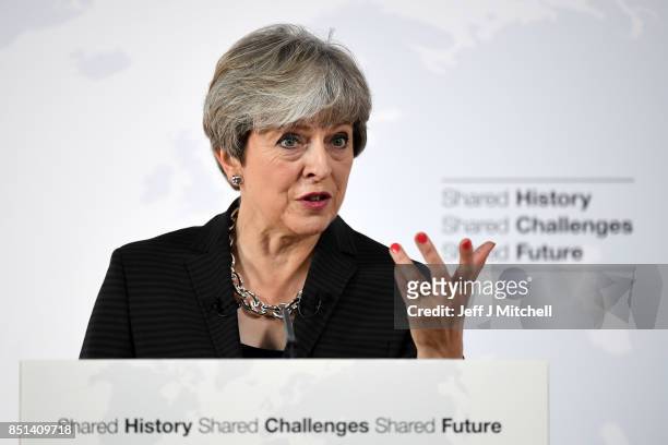 British Prime Minister Theresa May gives her landmark Brexit speech in Complesso Santa Maria Novella on September 22, 2017 in Florence, Italy. She...