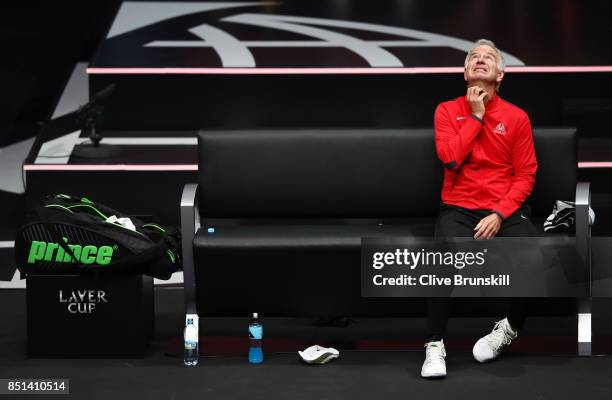 John Mcenroe, Captain of Team World reacts as Dominic Thiem of Team Europe plays his singles match against John Isner of Team World on the first day...