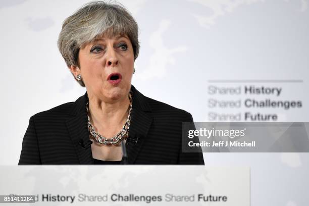 British Prime Minister Theresa May gives her landmark Brexit speech in Complesso Santa Maria Novella on September 22, 2017 in Florence, Italy. She...