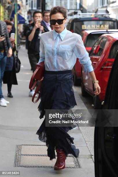 Victoria Beckham seen at her VB Dover Street Store for a live Intagram video of her VB AW17 collection on September 22, 2017 in London, England.
