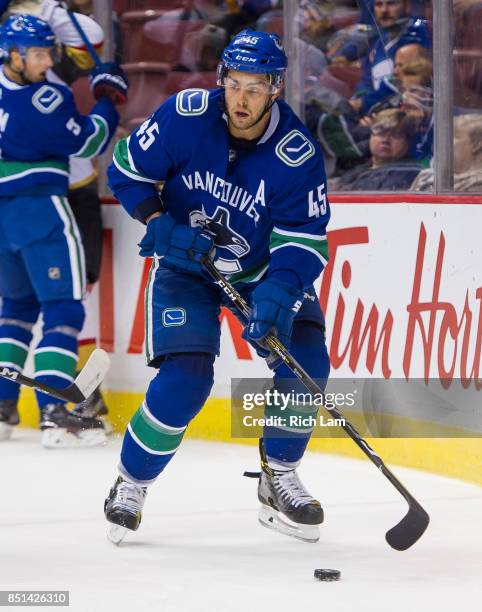 Michael Chaput of the Vancouver Canucks handles the puck against the Vegas Golden Knights in NHL pre-season action on September 17, 2017 at Rogers...