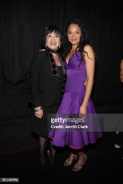 Actress Chita Rivera poses for photos with actress Karen Olivo while visiting 'West Side Story' At Palace Theater on Broadway on February 26, 2009 in...