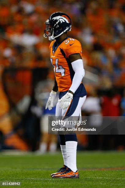 Defensive back Will Parks of the Denver Broncos in action against the Los Angeles Chargers at Sports Authority Field at Mile High on September 11,...