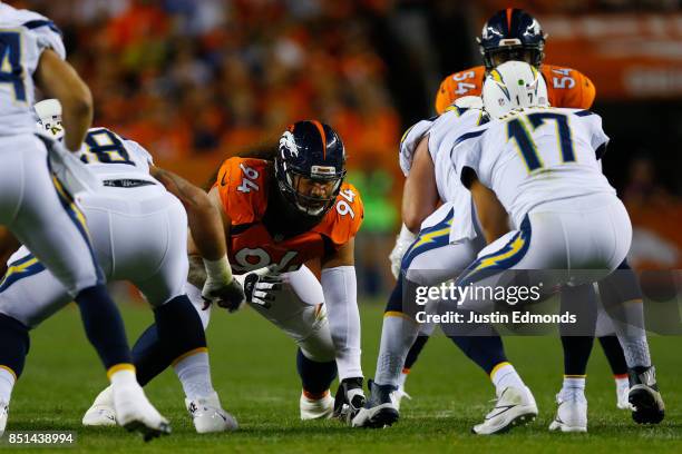 Nose tackle Domata Peko of the Denver Broncos lines up against the Los Angeles Chargers at Sports Authority Field at Mile High on September 11, 2017...