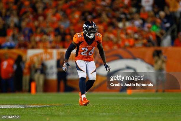 Free safety Darian Stewart of the Denver Broncos defends against the Los Angeles Chargers at Sports Authority Field at Mile High on September 11,...