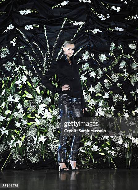 Model Jaquetta Wheeler walks the catwalk during the Qasimi show during a/w 2009 London Fashion Week at St Mary's Church on February 22, 2009 in...