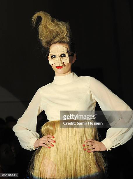 Model on the catwalk during the Charlie Le Mindu a/w catwalk show at 33 Portland Place during London Fashion Week on February 25, 2009 in London,...