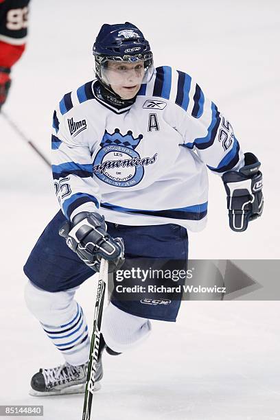 Antoine Roussel of the Chicoutimi Sagueneens skates during the game against the Quebec Remparts at Colisee Pepsi on February 17, 2009 in Quebec City,...