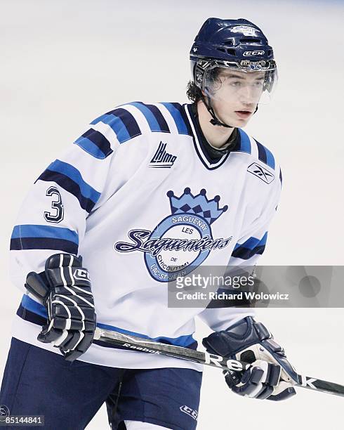 Michael Trudel of the Chicoutimi Sagueneens skates during the game against the Quebec Remparts at Colisee Pepsi on February 17, 2009 in Quebec City,...