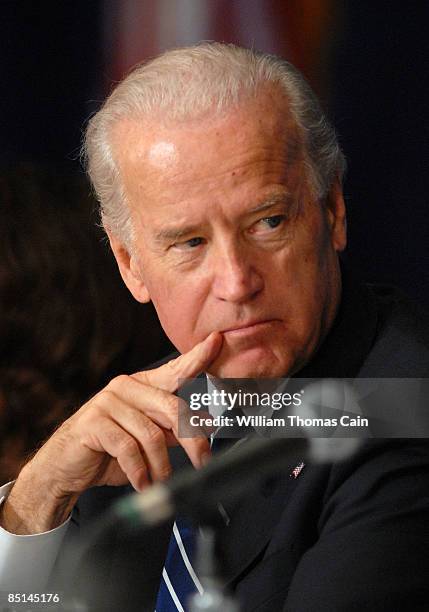 Vice President Joseph Biden listens to a panel discussion during a meeting of the First Middle Class Task Force at the University of Pennsylvania's...