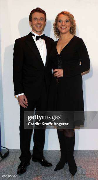 Presenter Alexander Bommes and Julia Westlake pose before the NDR Talkshow Celebration Show on February 27, 2009 in Hamburg, Germany.