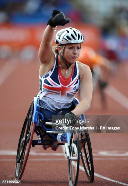 Great Britain's Hannah Cockcroft celebrates winning the Women's 200m - T33/34 race in The Sainsbury's IPC Grand Prix Final during day one of the...