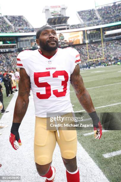 NaVorro Bowman of the San Francisco 49ers stands on the sideline prior to the game against the Seattle Seahawks at CenturyLink Field on September 17,...